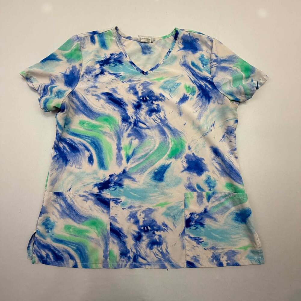 Scrubstar Women's V-Neck Printed Scrub Top in Mystic Watercolor Blue Green
